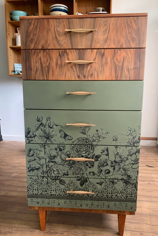 Mid Century Modern Teak Dresser: Olive Green Floral Transfer, 6-Drawer