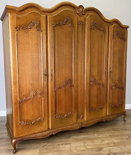 Wardrobe Vintage French Louis XVI Style Four Door Carved Armoire LOT 4861