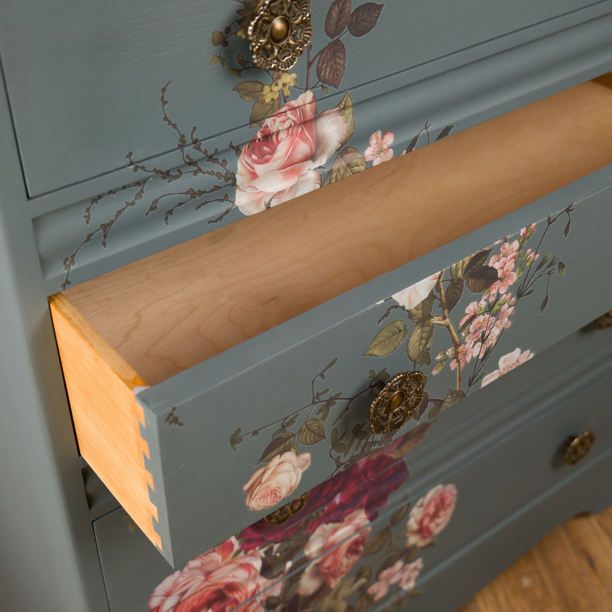 Floral Upcycled Chest of Drawers, Blue Grey Vintage Dresser, Painted Furniture