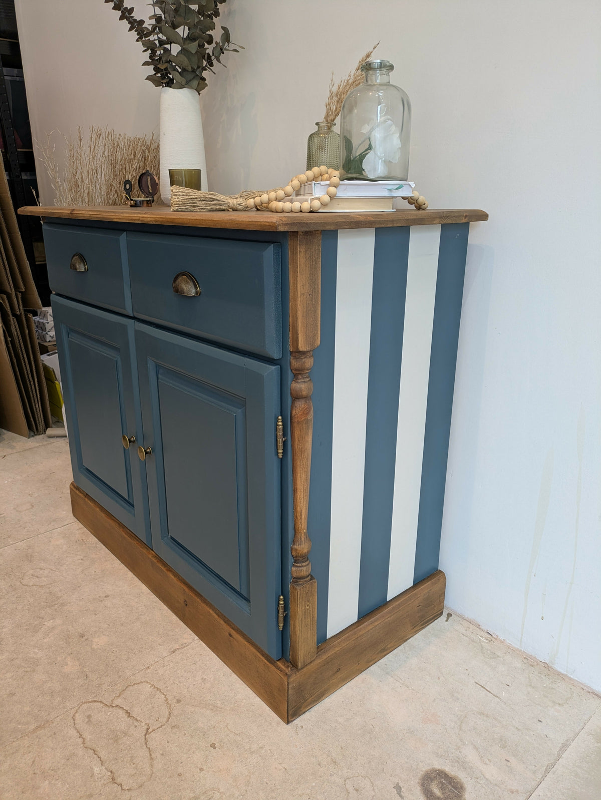 Vintage Solid Pine Blue Painted Sideboard, Hallway Cabinet with Stripe Detail and Floral Interior