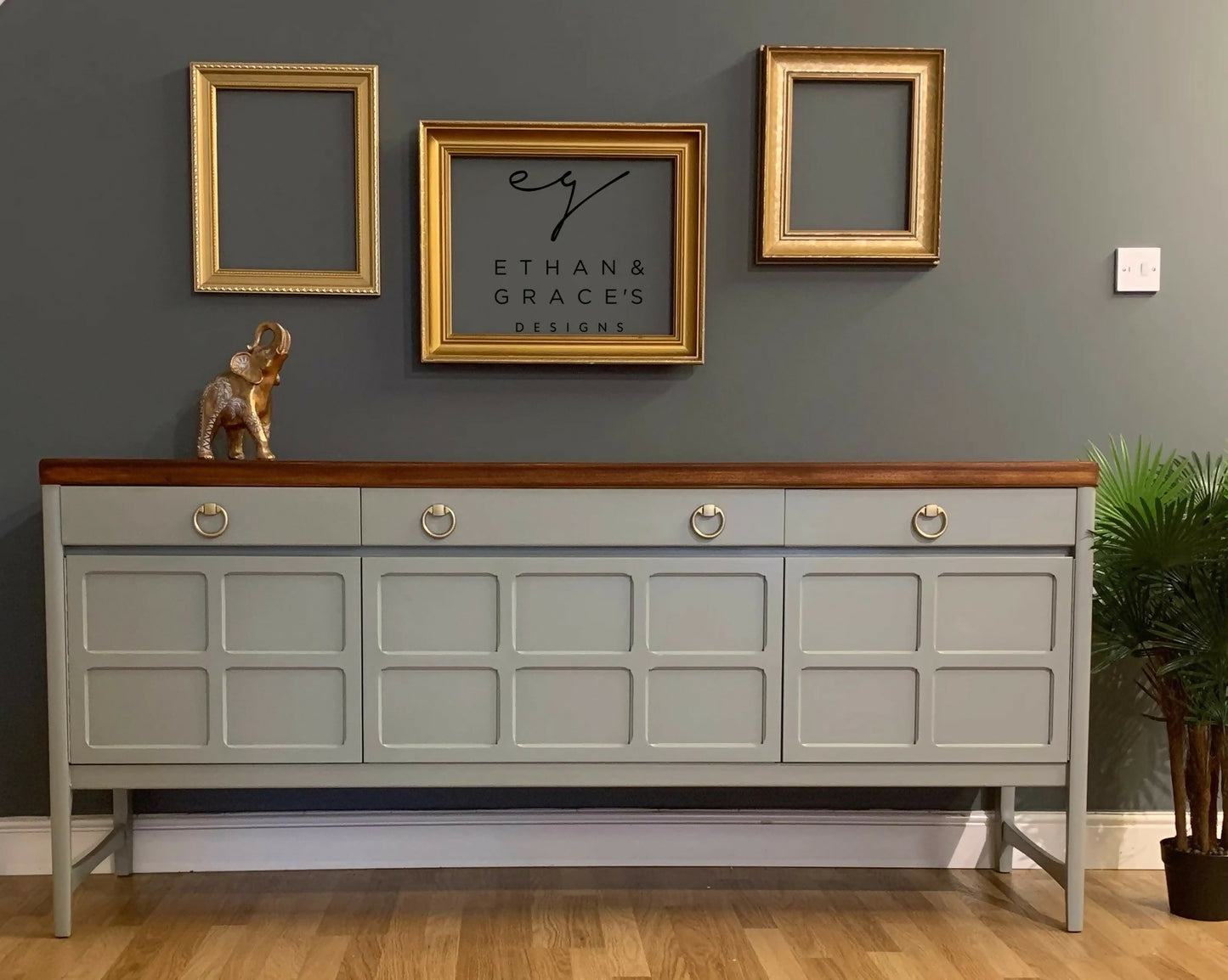 Farrow & balls “Pigeon” Vintage Nathan sideboard with naked top