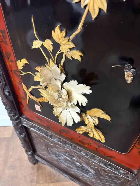Heavily Carved Vintage Oriental Two Fold Screen