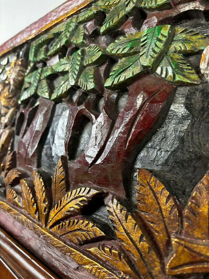 Large Hand Carved Wooden Panel Depicting Figures In A Forest