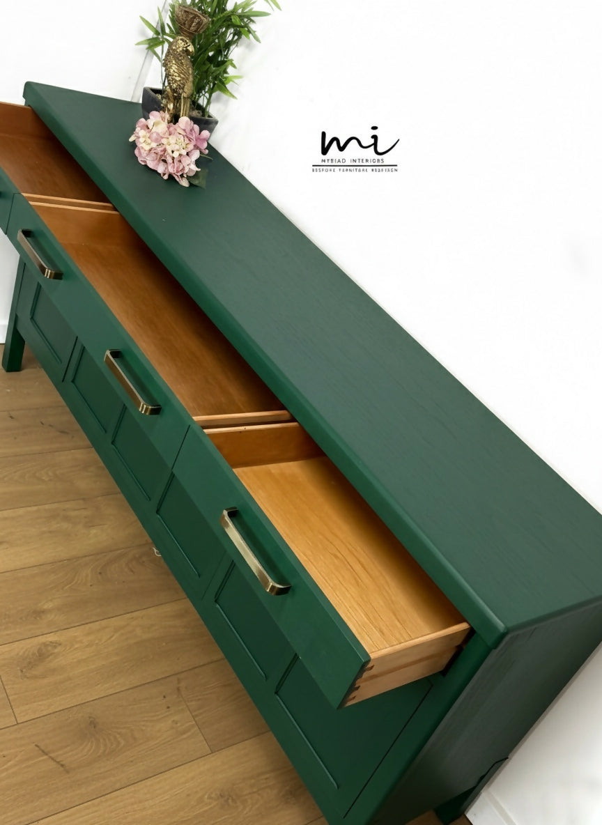 Large Vintage Nathan Sideboard in deep forest Green, mid century drink cabinet, TV stand, media unit