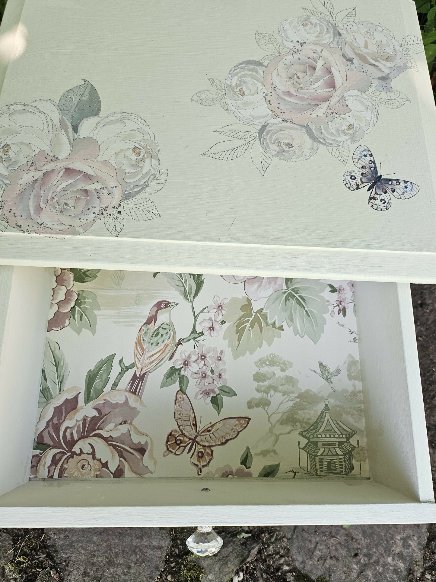 Stag Minstrel 'leggy' beside table with drawer painted in clotted cream