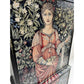 Antique walnut drinks cabinet painted black and decorated with Pomona tapestry Sir Edward Burne-Jones upclose