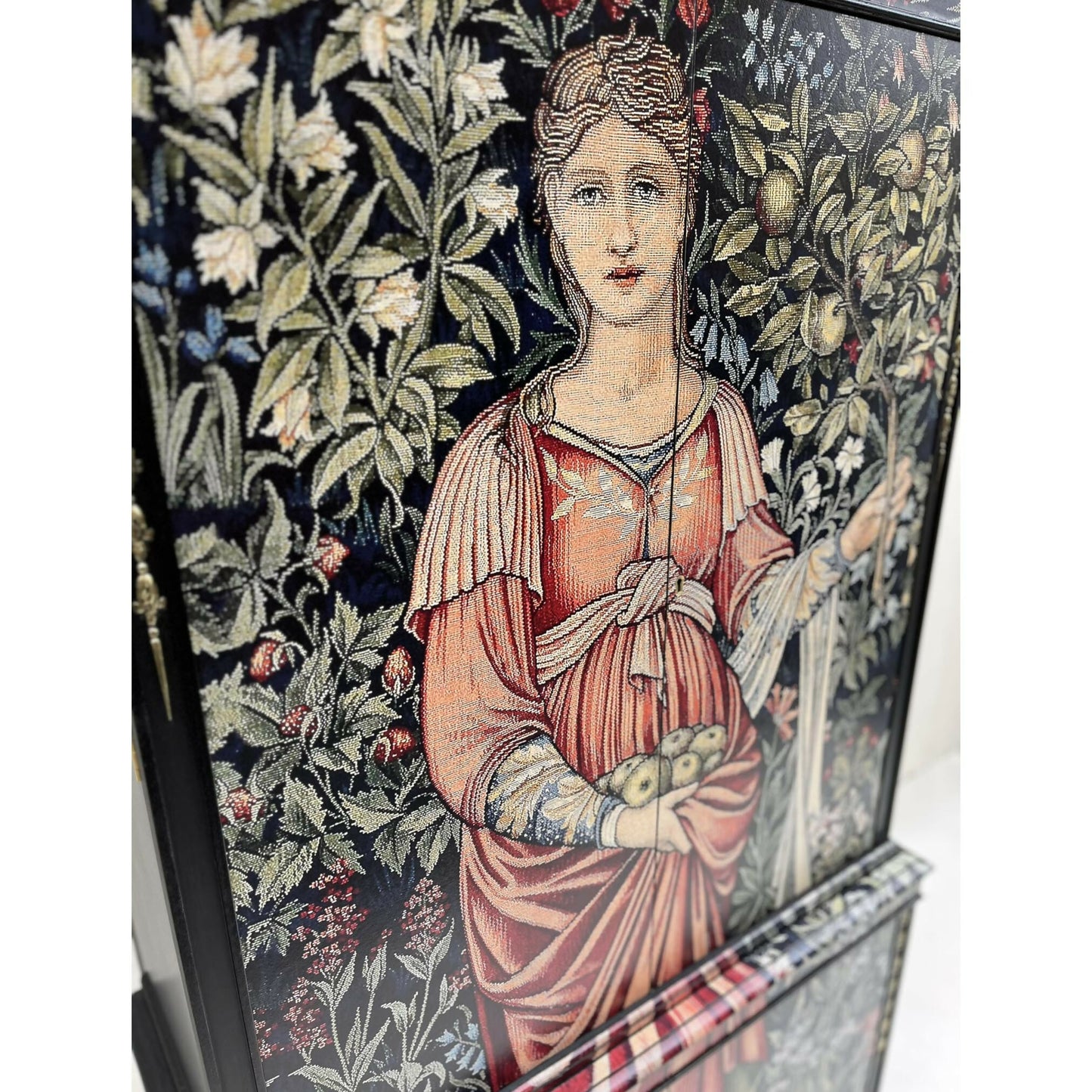 Antique walnut drinks cabinet painted black and decorated with Pomona tapestry Sir Edward Burne-Jones upclose