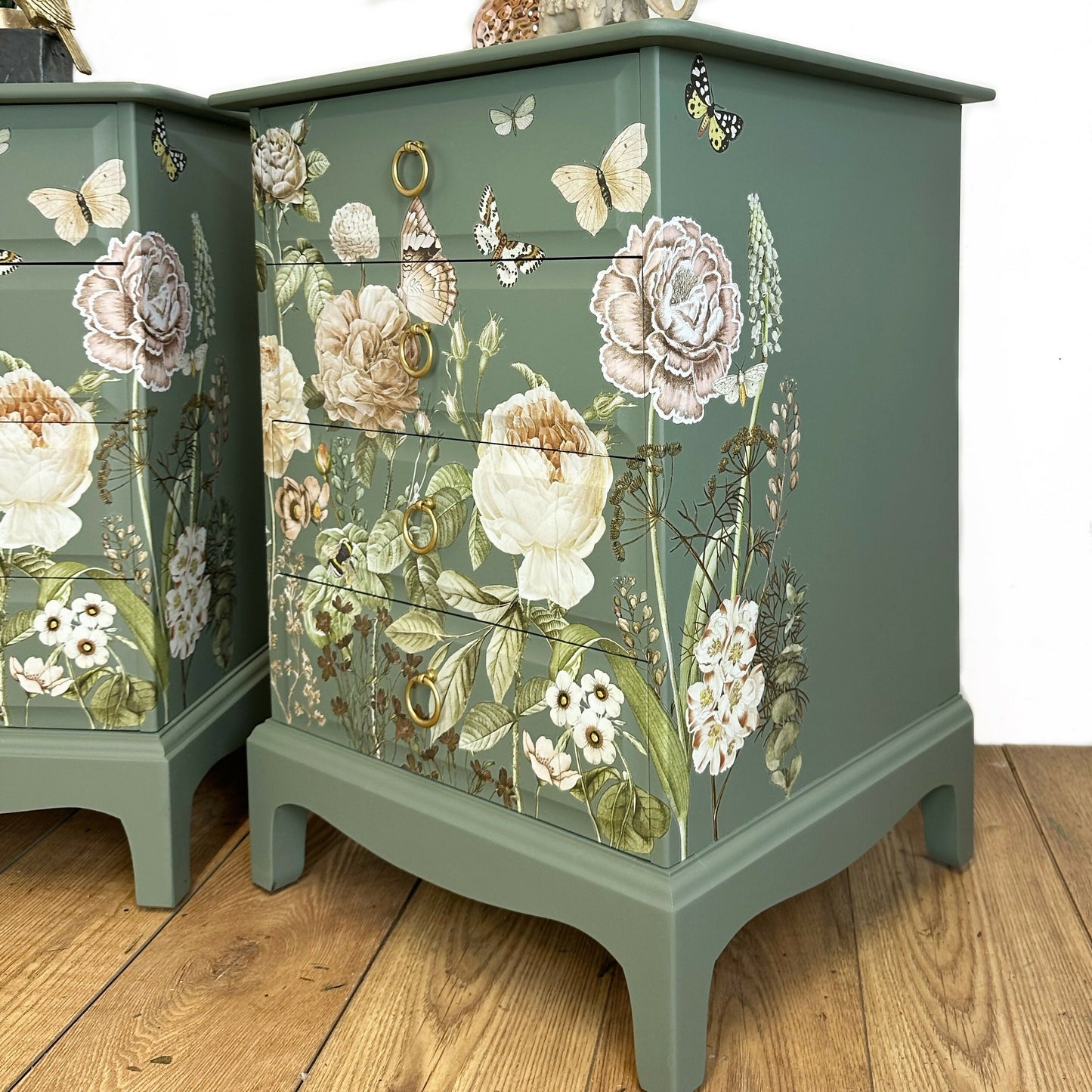 MADE TO ORDER Refurbished vintage Stag Minstrel bedside tables, dusky olive green with floral design, sage nightstands, chest of drawers Mid century