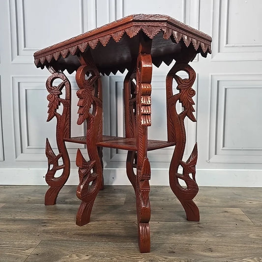 Vintage Side Table Indian Heavily Carved Wooden Elephant & Mythical