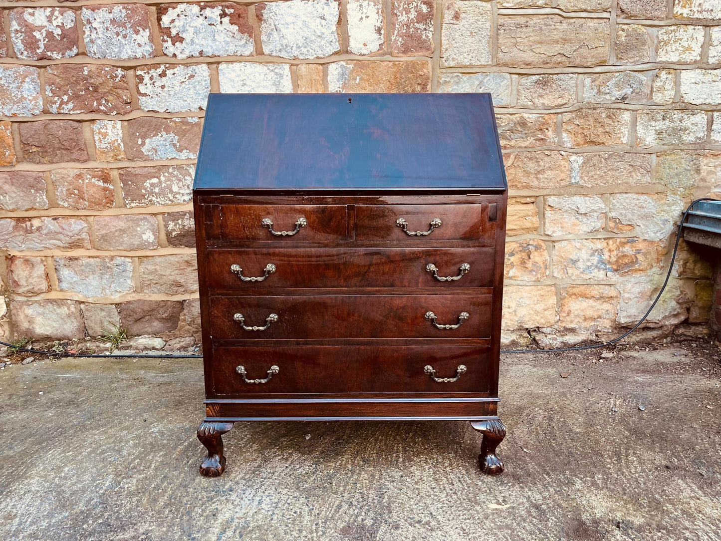 Mahogany Bureau Writing Desk – Ball & Claw Feet, Drop Front, Vintage Secretary Desk, Home Office Storage, Green Leather Writing Surface