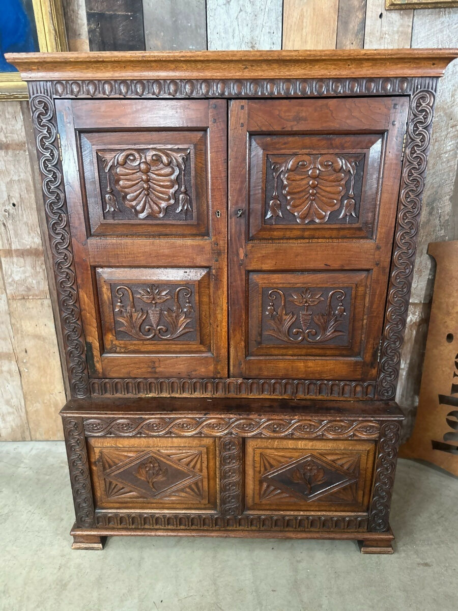 Antique Carved Welsh Oak Hall Livery Cupboard, c 1890