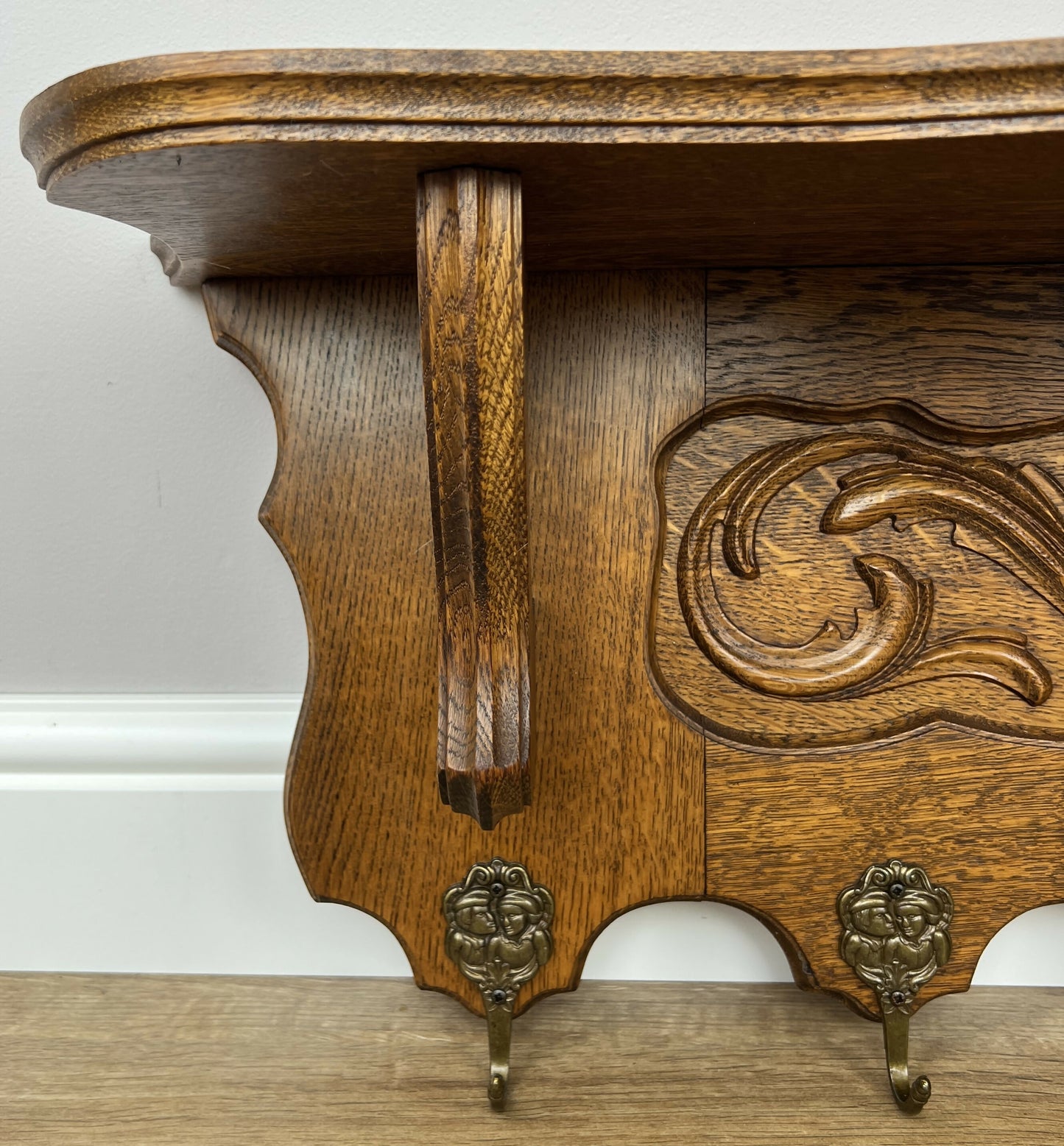 Coat Rack Vintage French Oak Wall Mounted 6 Hooks Carved Rack Hanger LOT 6202