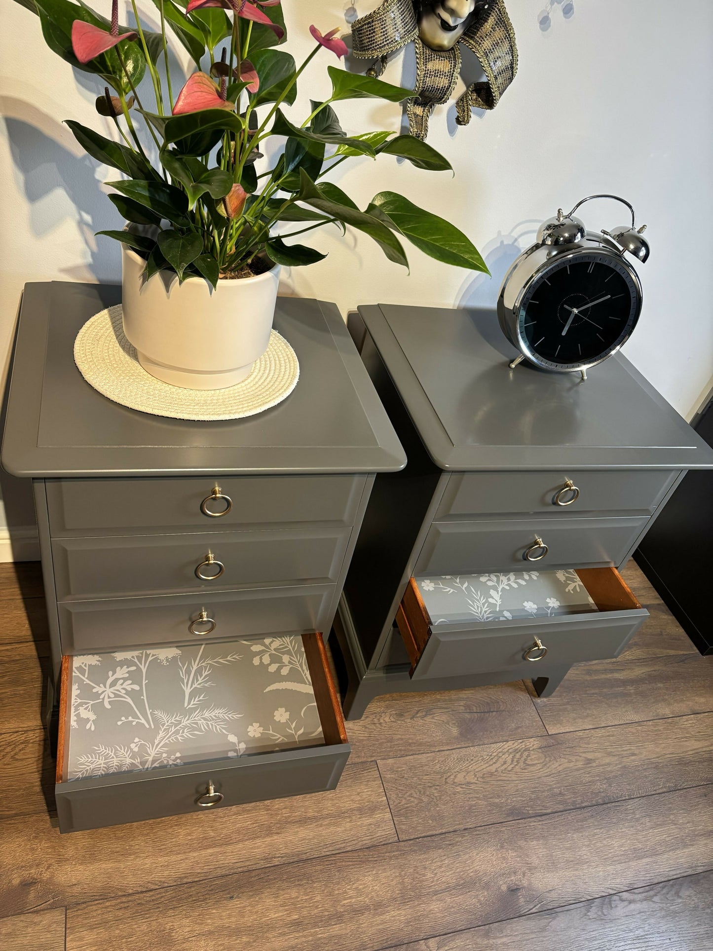 A Pair of Stag Minstrel Bedside Tables in Graphite Grey | Vintage Mid Century Nightstands