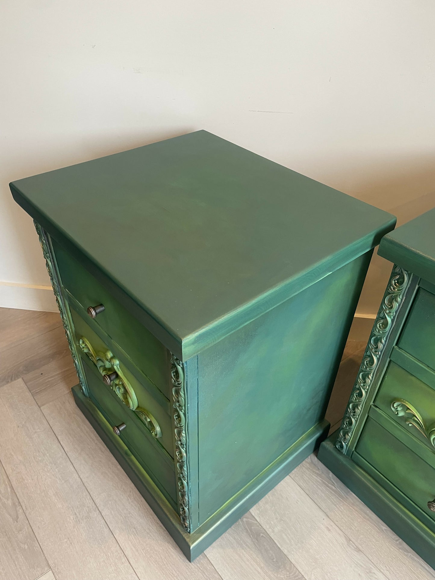 Vintage pine pair of bedside drawers, hand painted green and gold