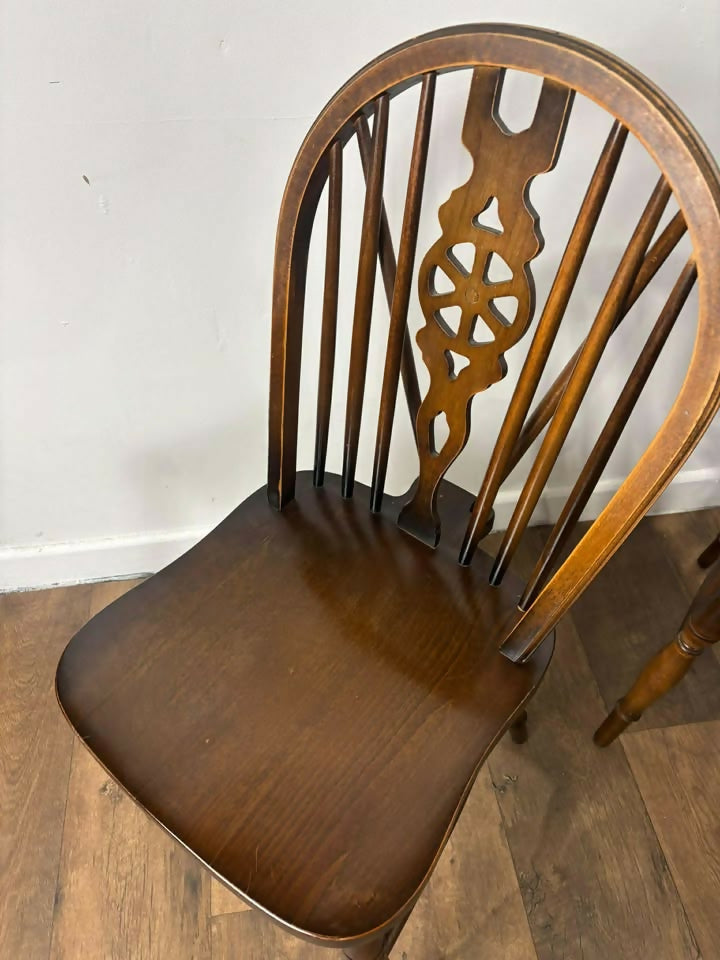 Vintage Set of Four Dark Oak Wheel Back Chairs