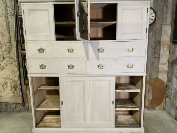 Antique Large Victorian Estate Housekeeper Painted Pine Sliding Door Drawers Cupboard, c.1870
