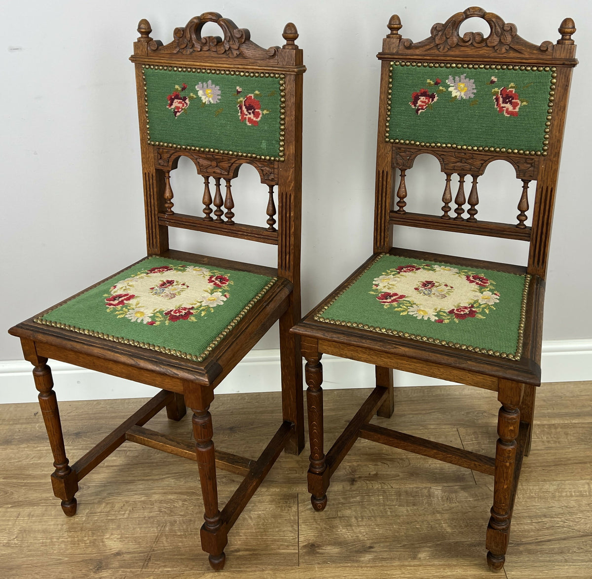 Pair of Chairs Antique French Style Oak Floral Upholstered Chairs LOT 6515