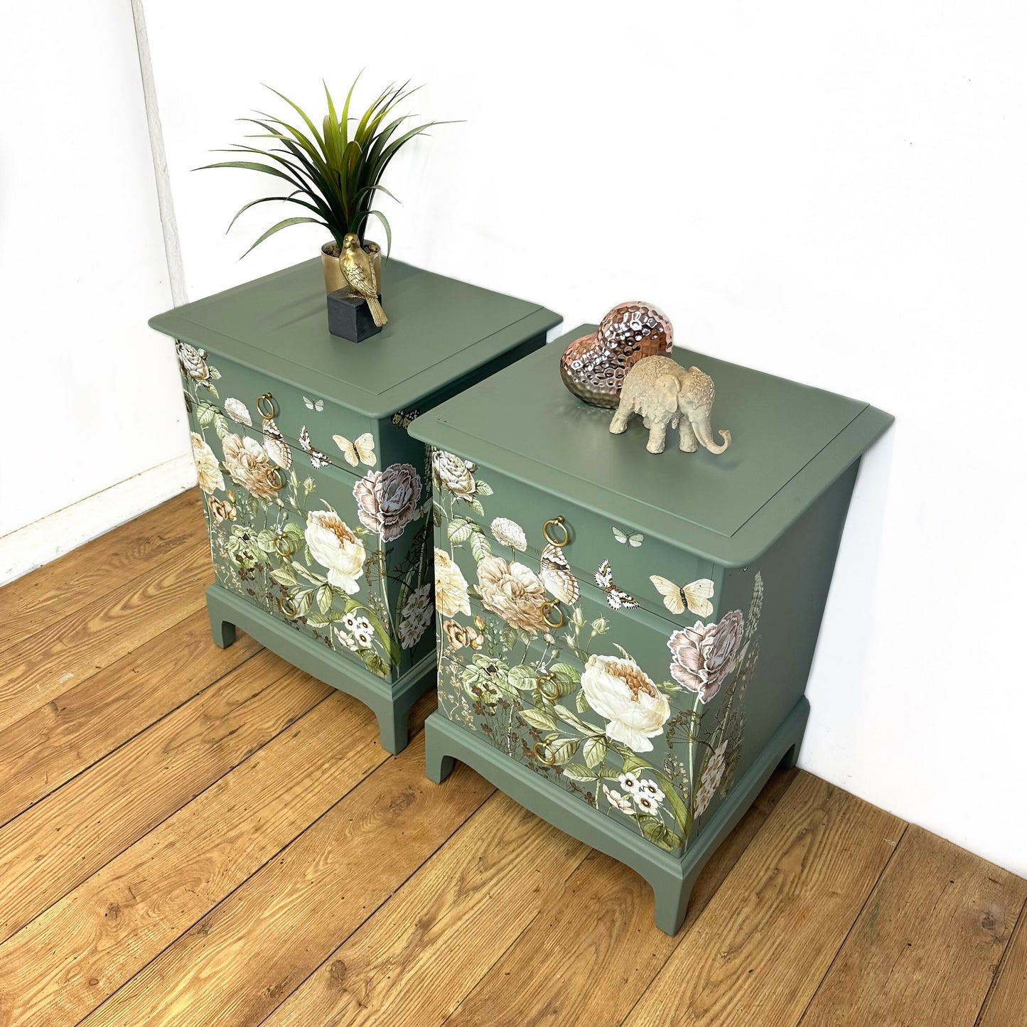 MADE TO ORDER Refurbished vintage Stag Minstrel bedside tables, dusky olive green with floral design, sage nightstands, chest of drawers Mid century