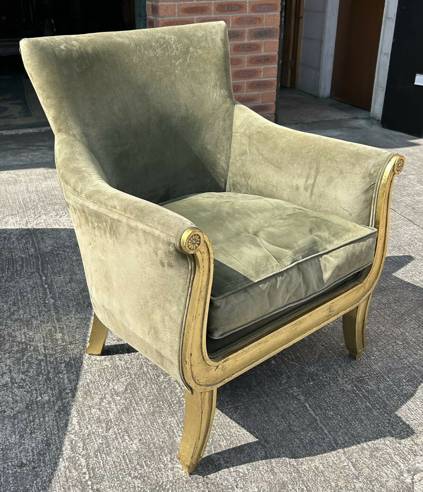 French Louis XVI Style Neoclassical Suede Leather Armchair With Gold Gilt Frame