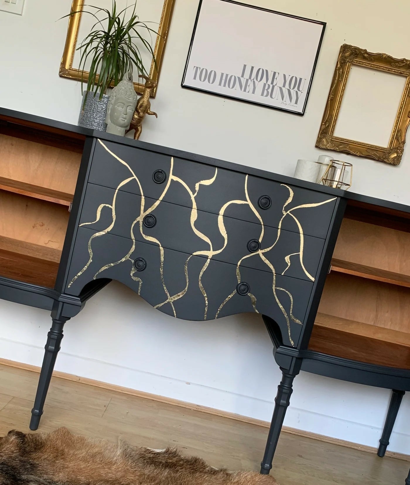 Vintage dark grey & gold leaf sideboard