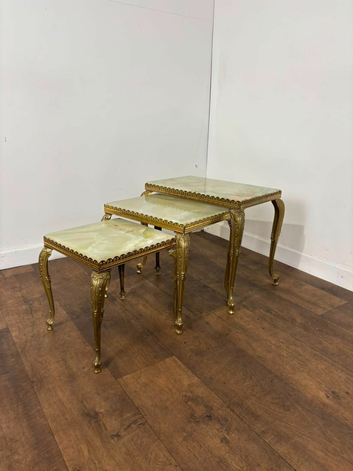 Mid-Century Italian Style Gilt Metal & Onyx Nest of Three Tables
