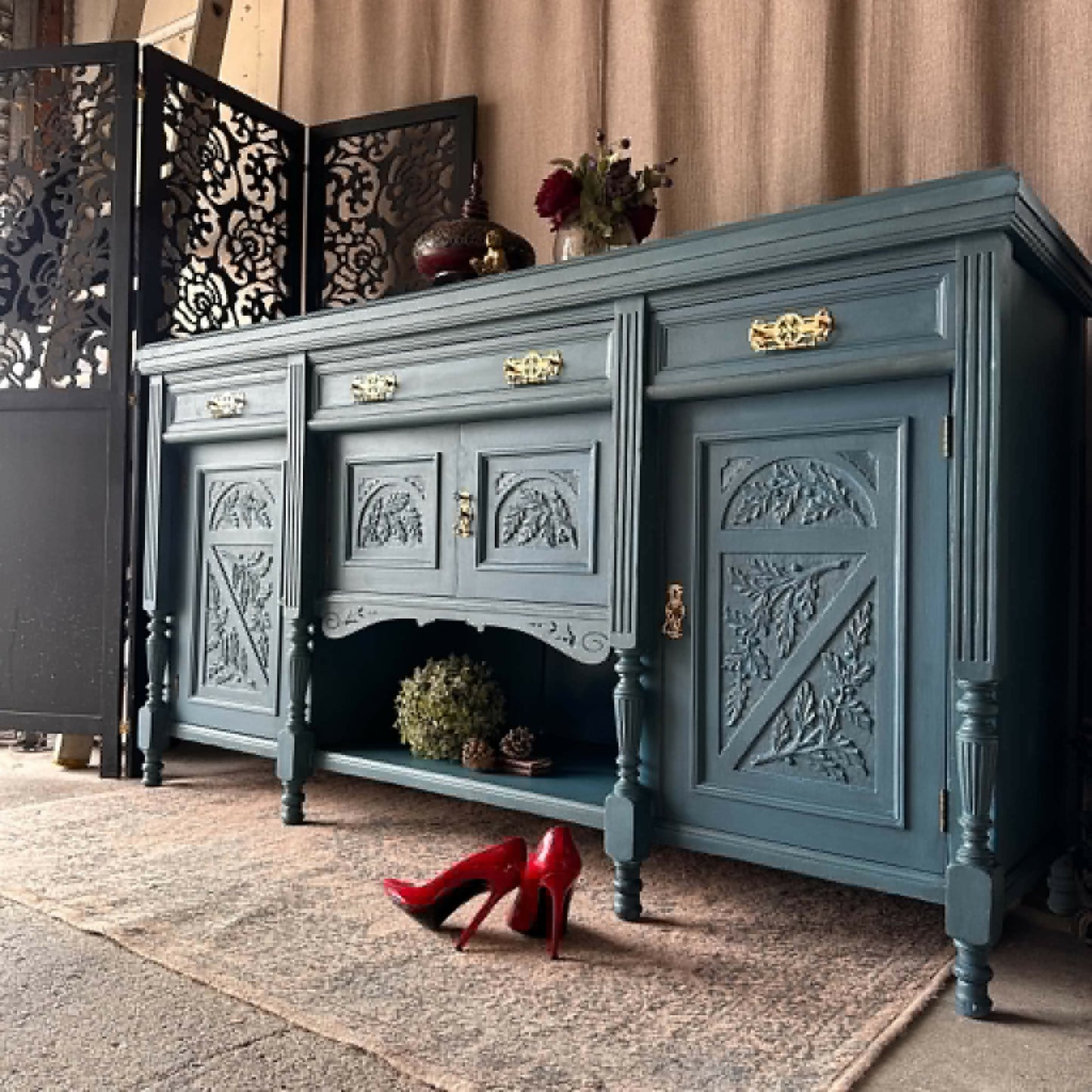 Blue Vintage Carved Sideboard