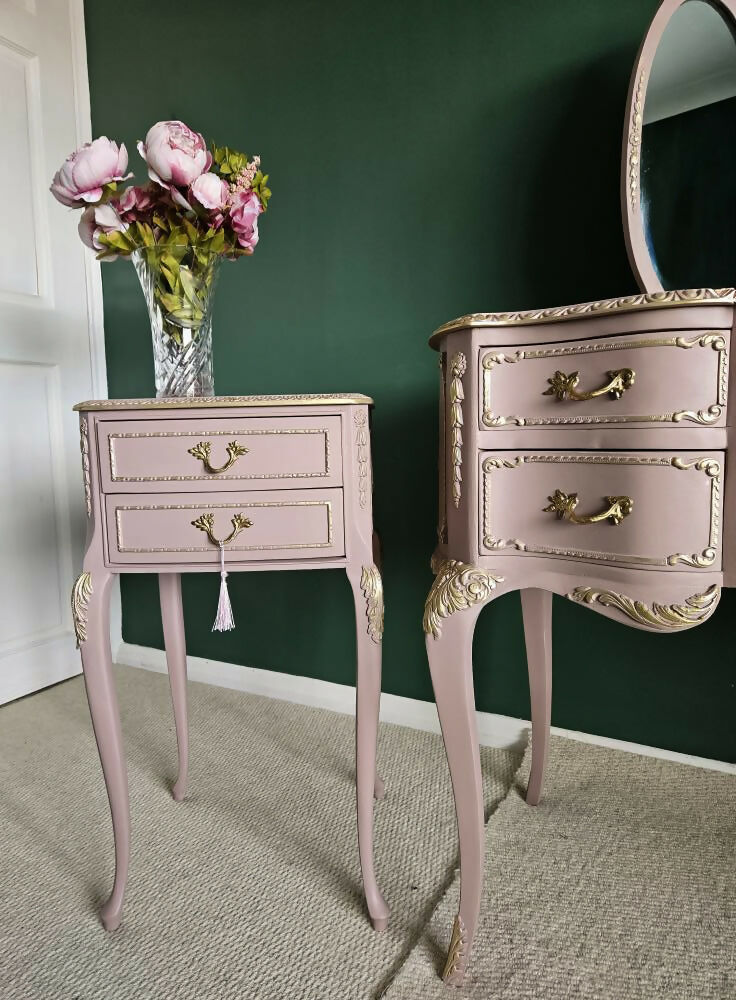 Pair of Olympus Louis style vintage pink and gold bedside drawers