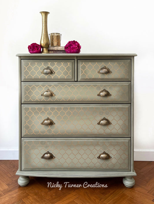 Vintage Pine Chest of Drawers Hand Painted in Green and Gold