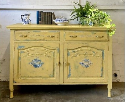Sideboard Cupboard Yellow with Blue Roses