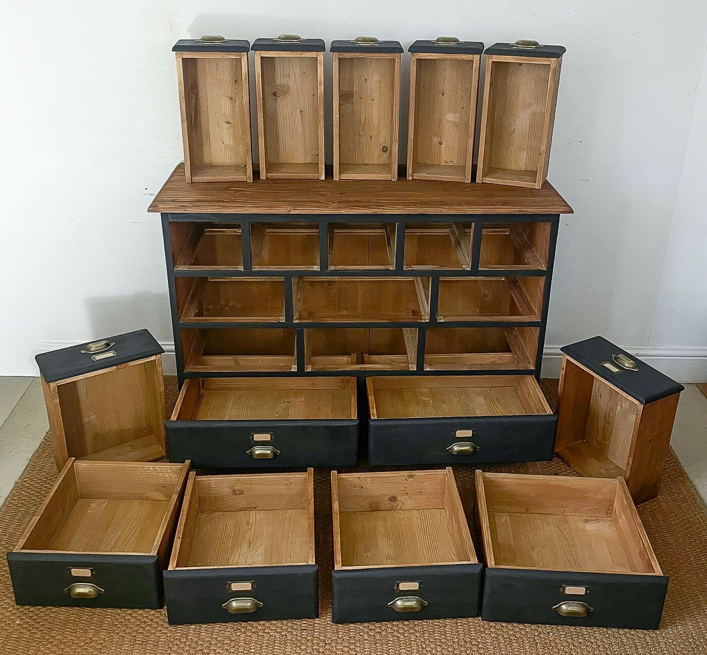 4ft Apothecary haberdashery "style" merchant bank chest of drawers sideboard Solid pine ebonized black x13 drawers