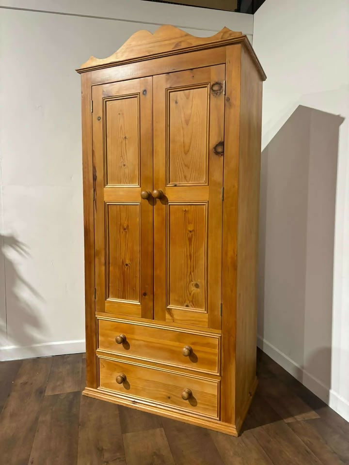 Waxed Solid Pine Two Door Wardrobe / Hall Cupboard