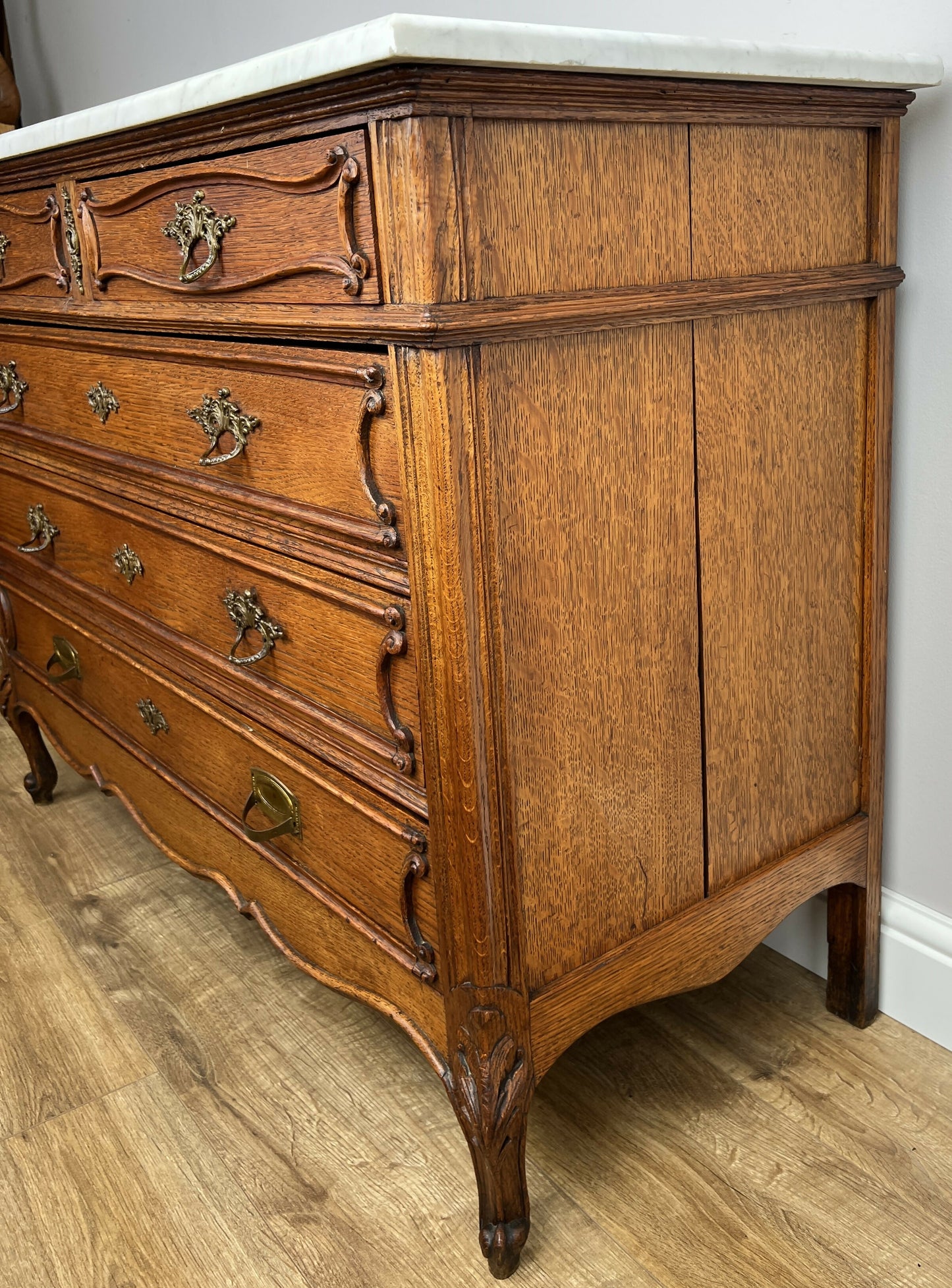 Chest of Drawers Antique French Oak Marble Top 5 Drawers Carved Cabinet LOT 6279