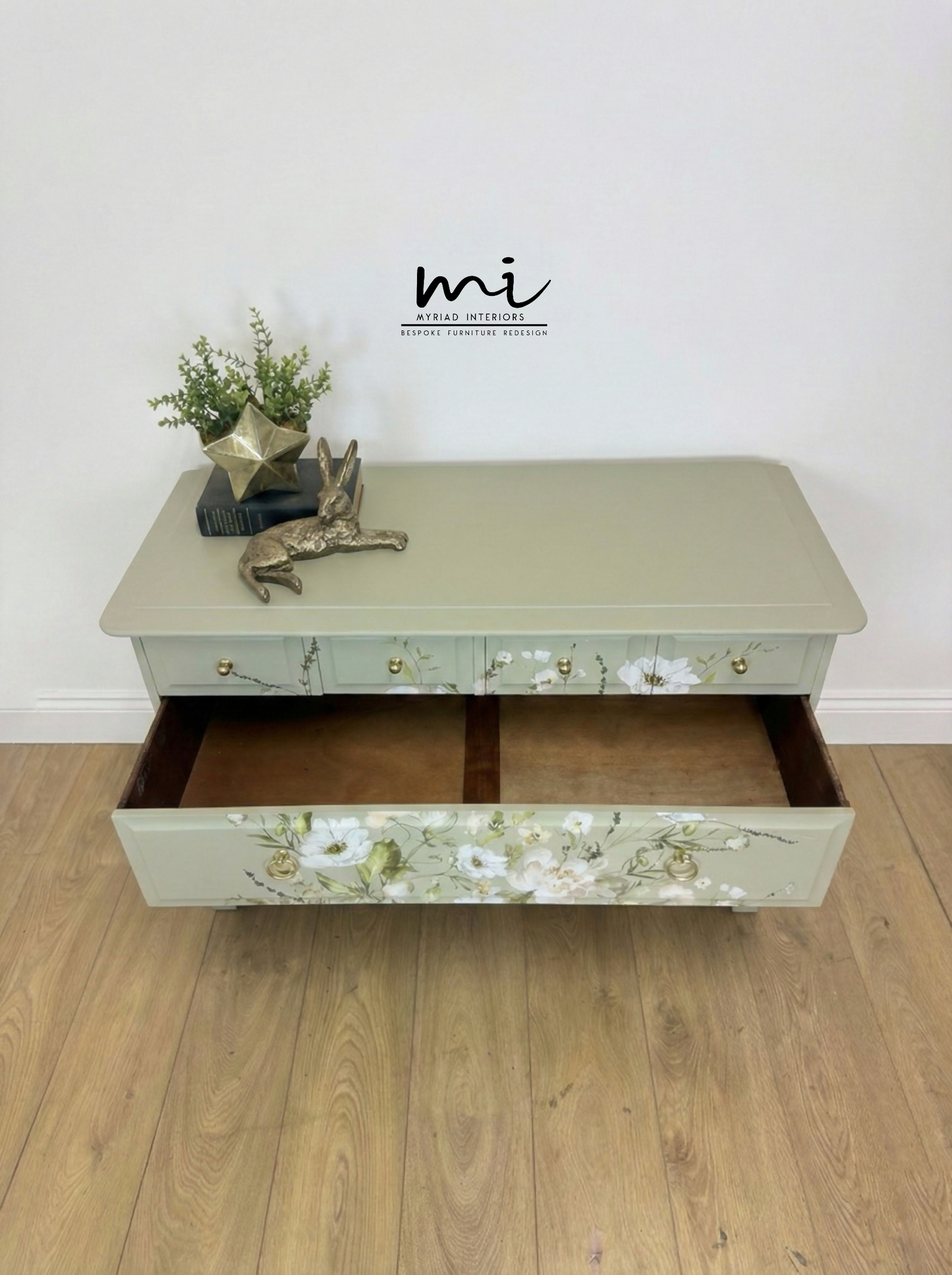 Refinished Stag Minstrel 4 over 2 chest of drawers in eucalyptus green with pretty floral design, dresser, dressing table pale sage, vintage
