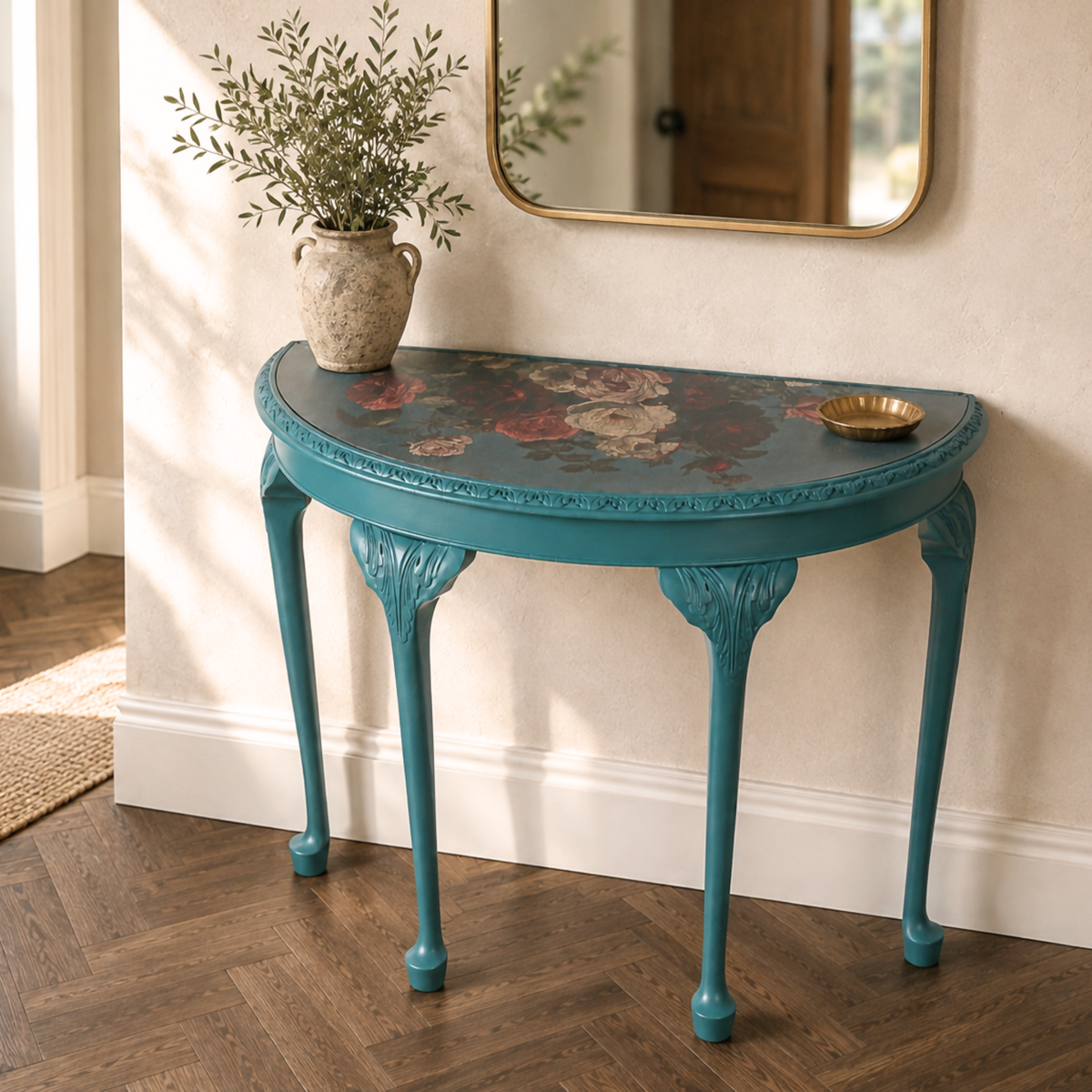 Large Teal Demi Lune Console Table | Upcycled Vintage Half Moon Hallway Table