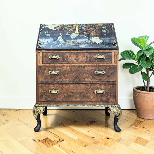 Solid walnut chinoisorie burr wood black gold bureau desk drawers