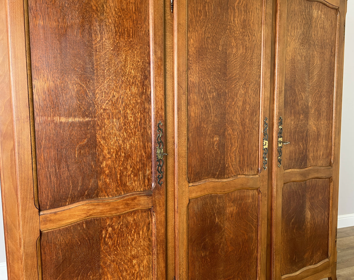 Wardrobe Vintage French Louis Oak Triple Door Carved Armoire Cabinet LOT 6537