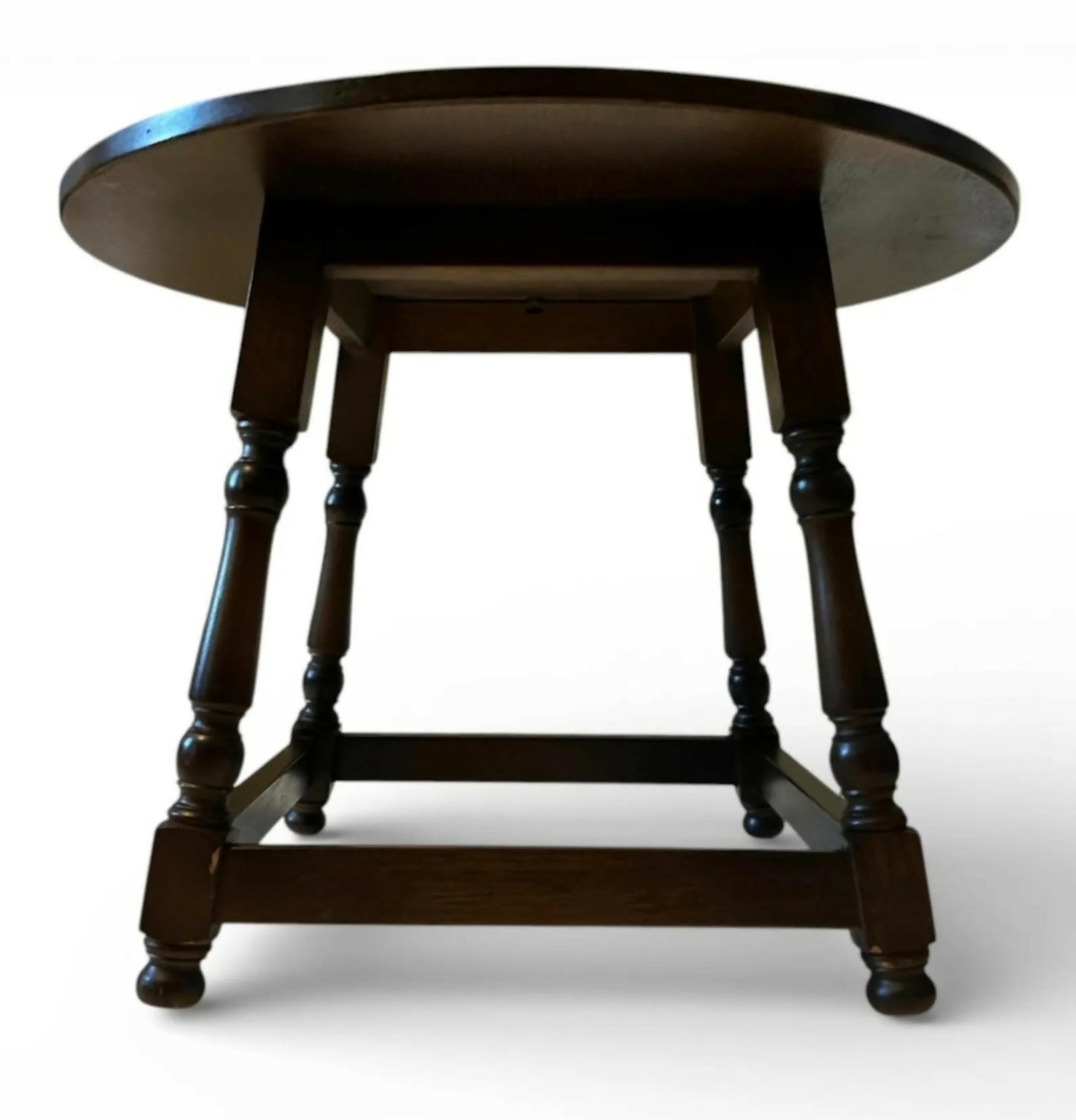 Round Wooden Side Table 66cm Diameter 49cm Height Dark Brown Turned Leg Vintage