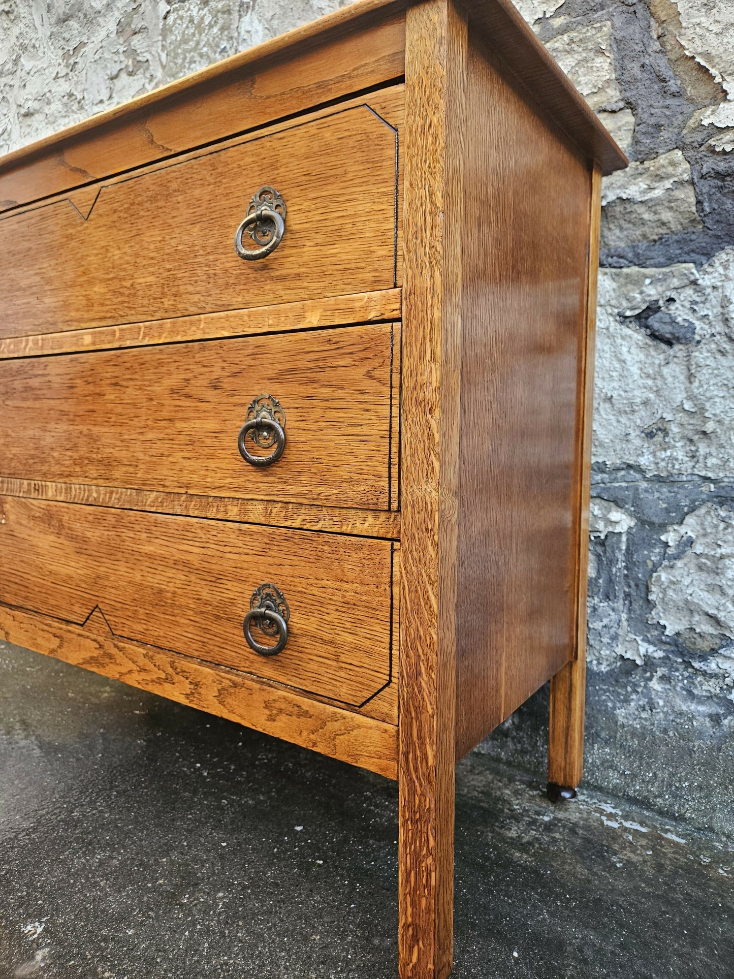 Vintage Chest Of Drawers Three Drawer Tall Oak Cabinet Super Proportions Highly Detailed