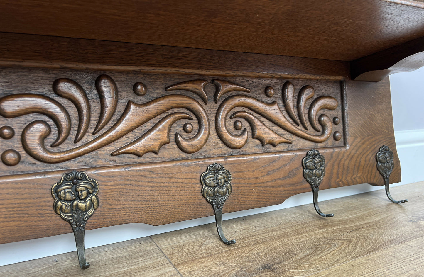 Coat Rack Vintage French Oak Wall Mounted 5 Hooks Carved Rack Hanger LOT 6302