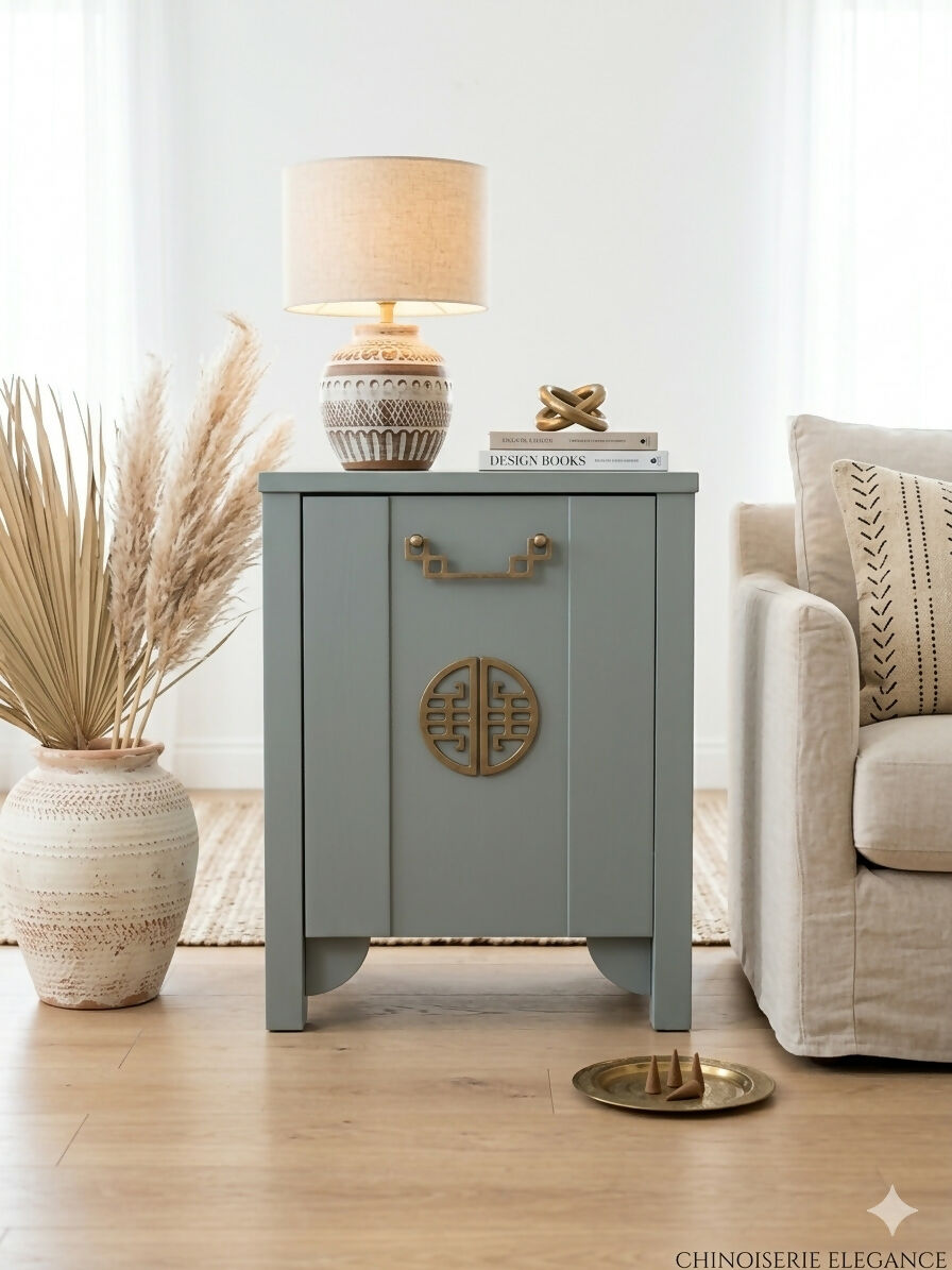Restored Oriental Chinoiserie Style Cabinet in Modern Greeney Grey