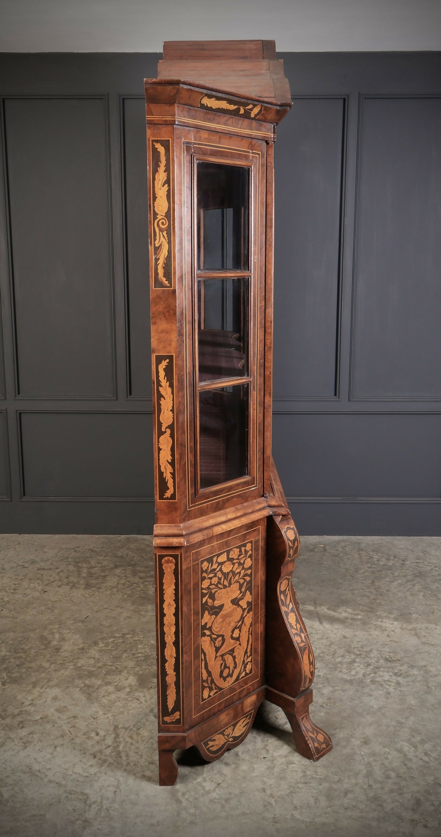 Large Marquetry Inlaid Walnut Bombe Shaped Vintage Cabinet
