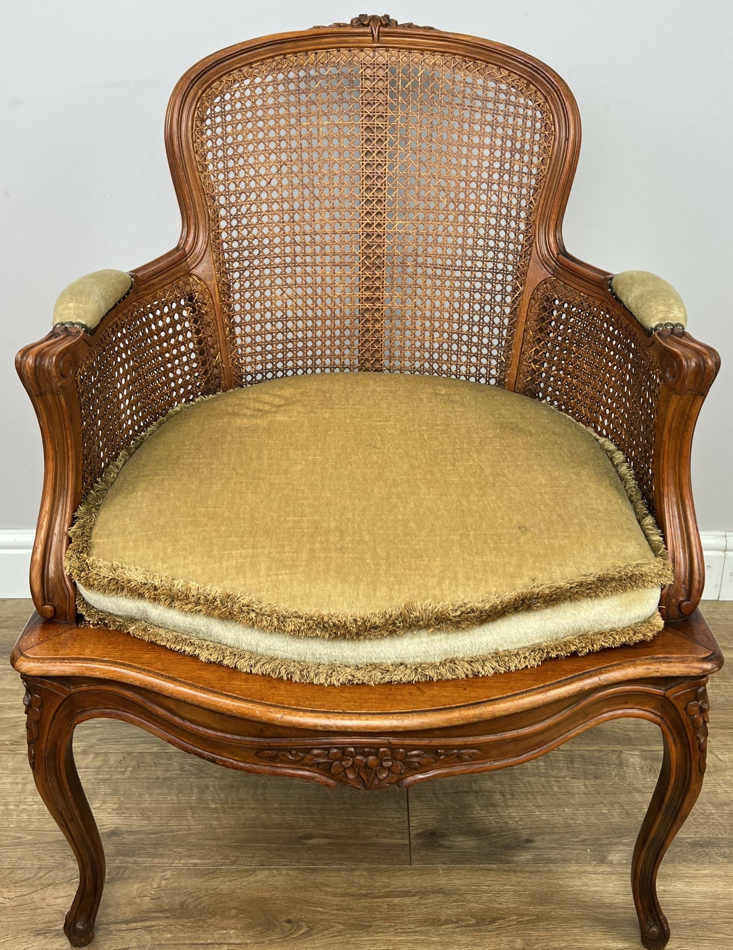 Armchair Vintage French Style Cane Upholstered Accent Carved Chair LOT 6311