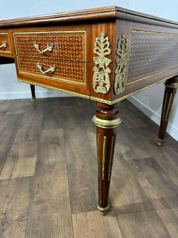 Continental Reproduction Walnut Veneered Tooled Inlaid Desk (style of Louis XVI)