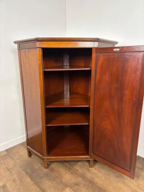 Edwardian Flame Mahogany Inlaid Freestanding Corner Cabinet