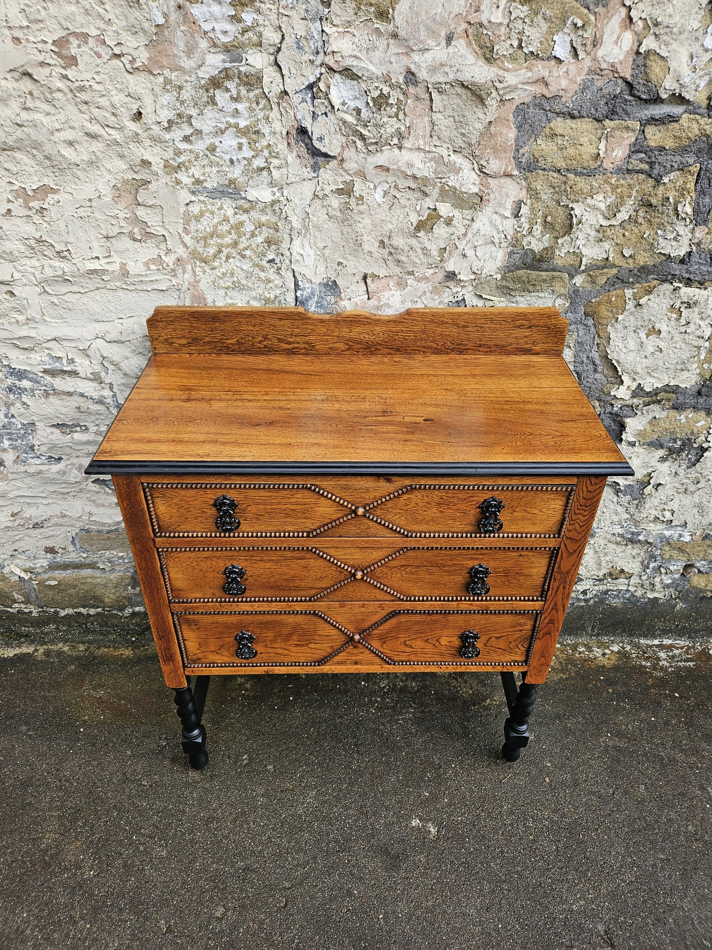 Vintage Oak Chest Of Drawers Three Drawer Lovely Detailing Super Proportions Ebonised In Black
