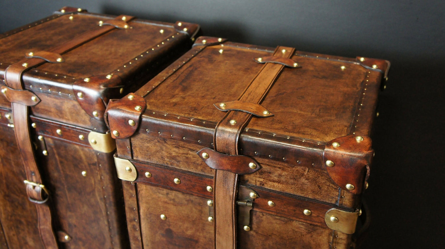 English vintage storage trunks - matching luxury pair - chestnut brown hand dyed