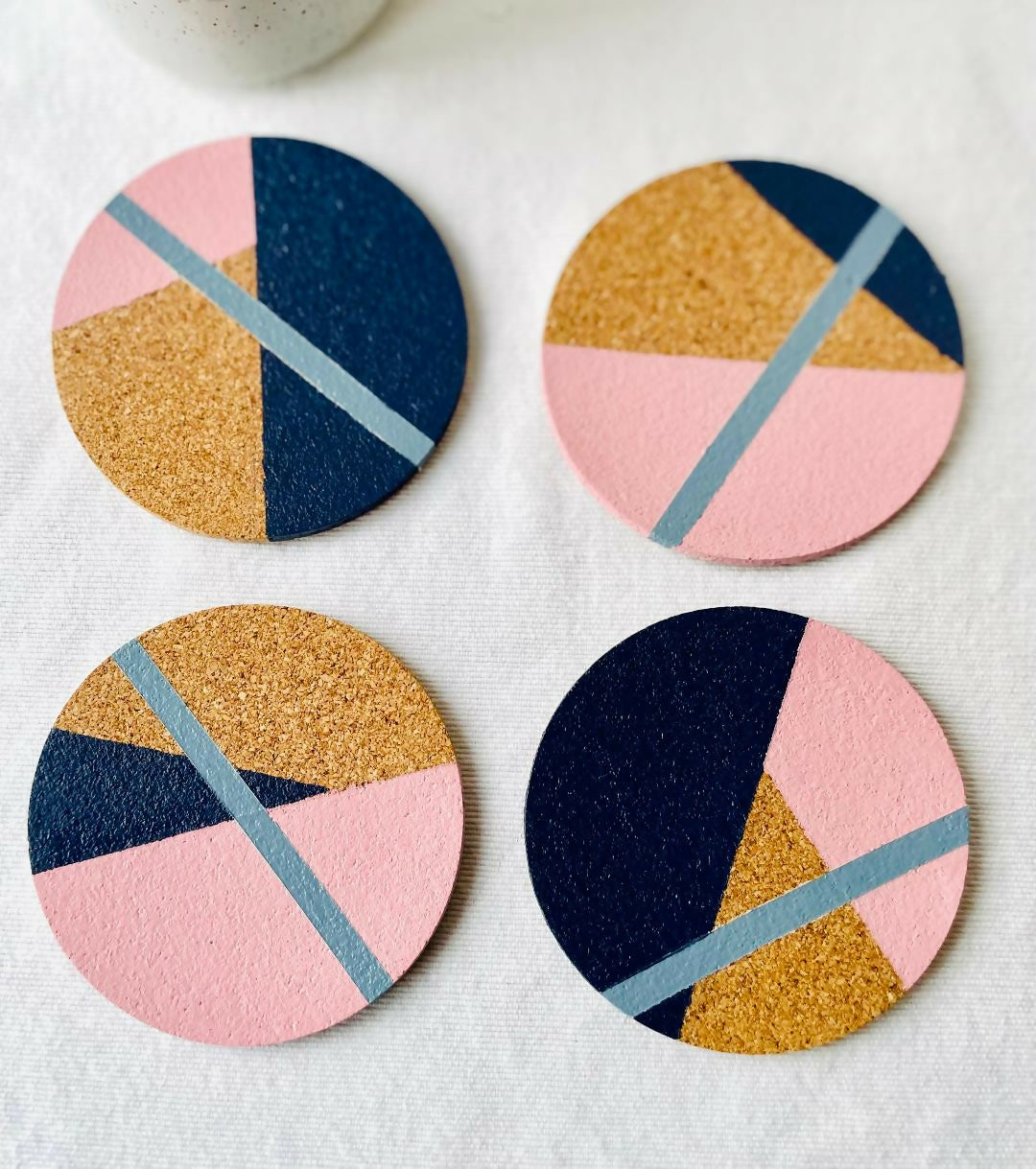 SOLD Set of 4 Cork Coasters - Hand Painted Geometric/Modern Design (Pink/Pale Blue/Navy)