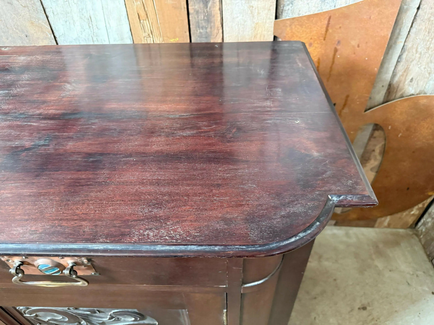 Antique Mahogany Arts And Crafts Art Nouveau Period Breakfront Buffet Sideboard Hall Dining Cupboard, Ruskin, Shapland And Petter C 1920