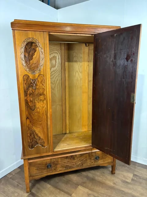 Edwardian Walnut Single Door Mirrored Wardrobe with Carved Panels