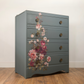Floral Upcycled Chest of Drawers, Blue Grey Vintage Dresser, Painted Furniture